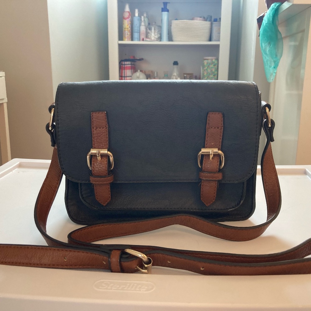 Navy and Brown Leather Flap Satchel Bag